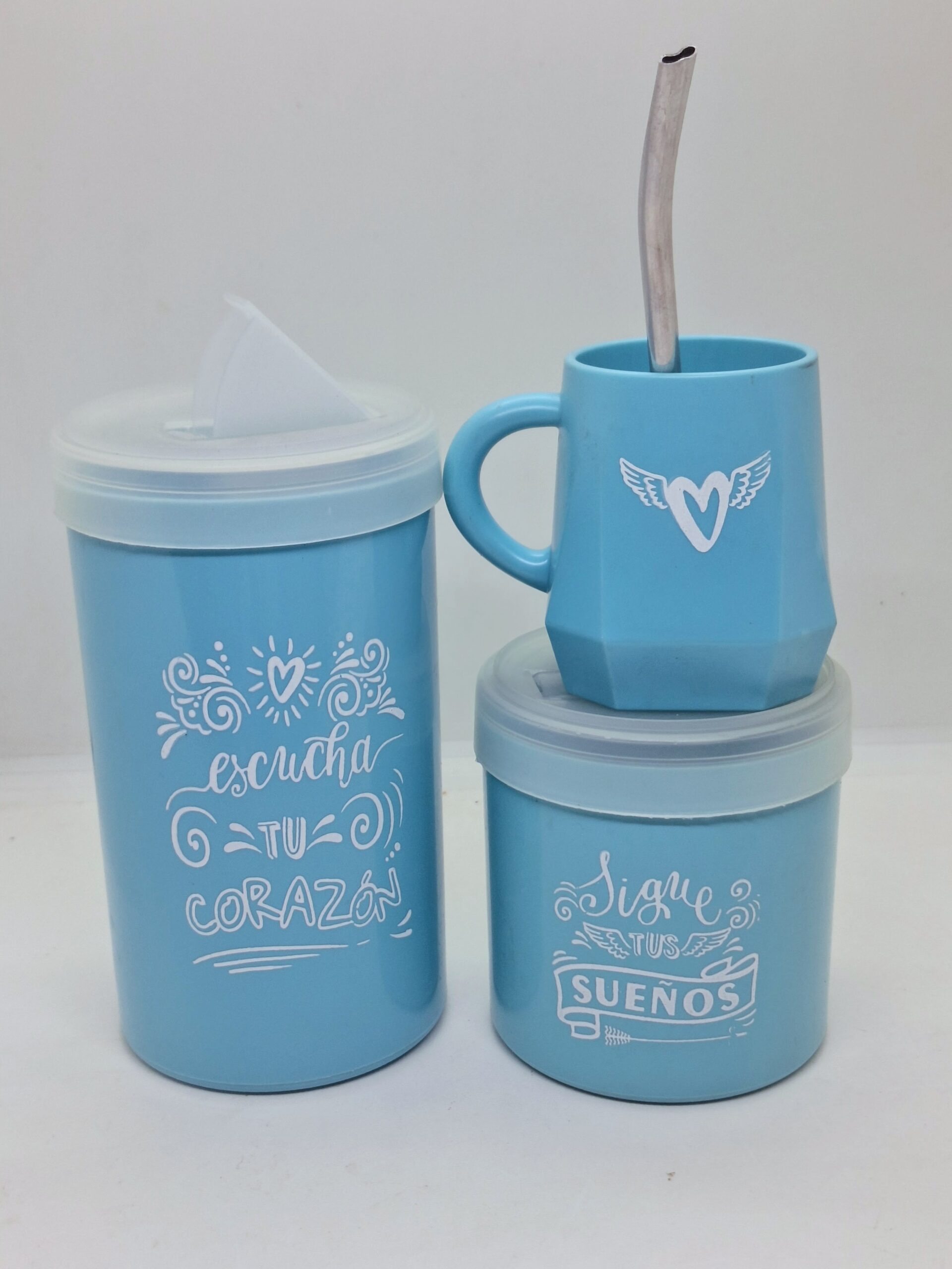 Set CELESTE Contiene yerbera y azucarera con frase – Tapa traslúcida + mate con serigrafia